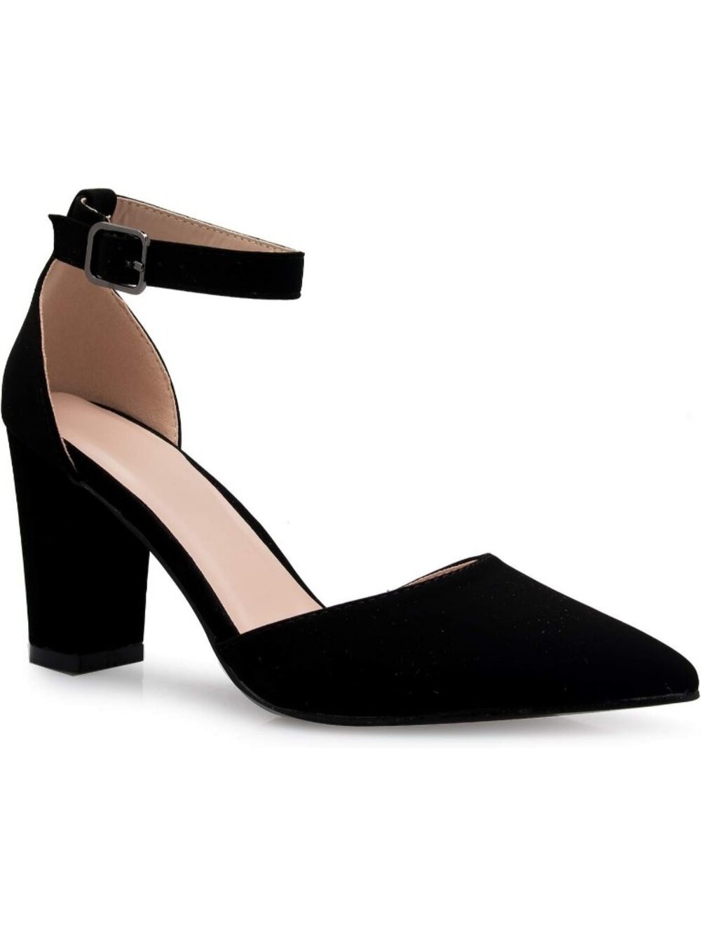 Women's Black Nubuck Comfortable D'Orsay Ankle Strap Pointed Toe Block Heel Pump